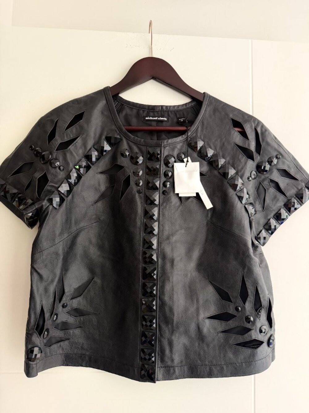 NWT Michael Simon Black Lambskin Leather Crystal Cutout Jacket Size M